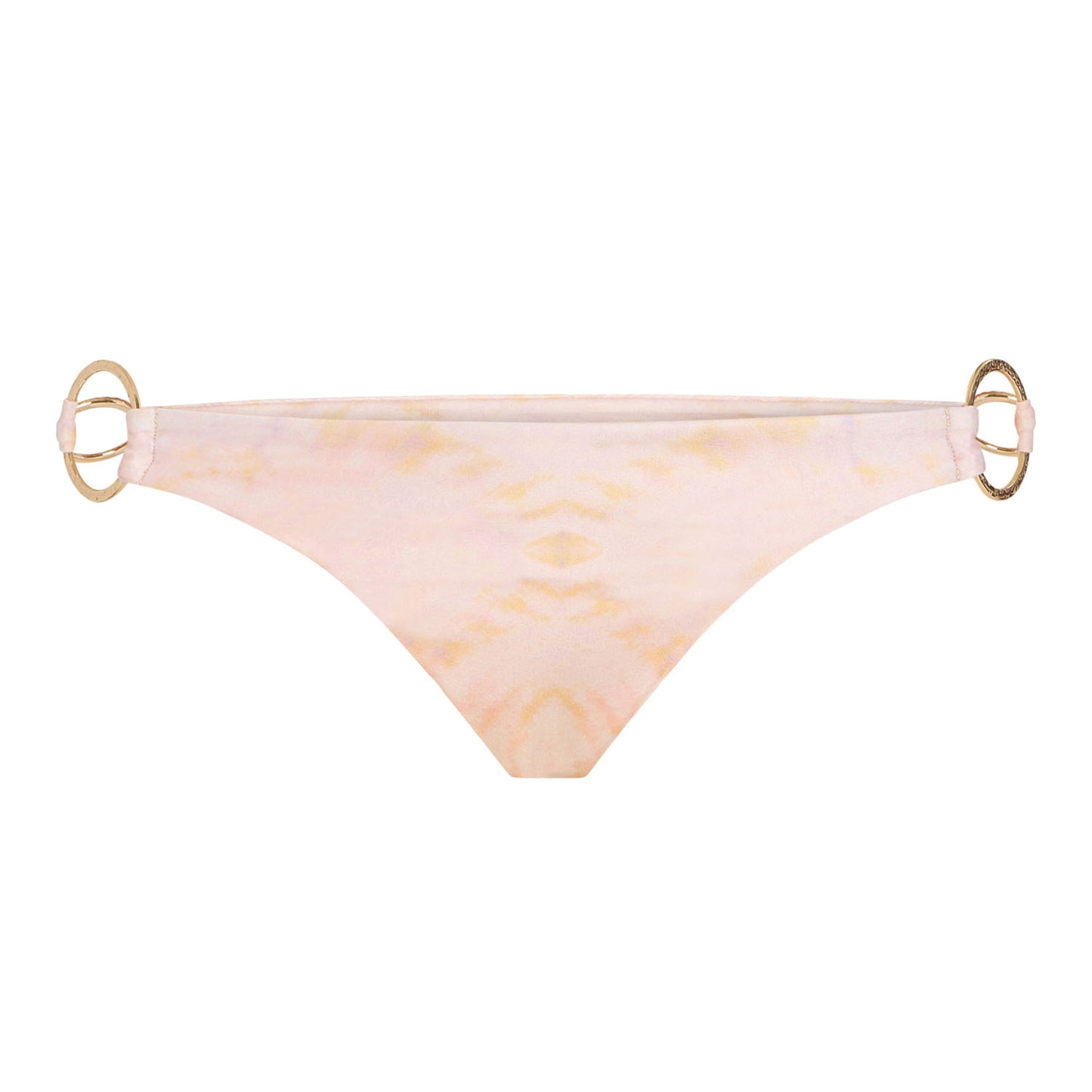 The Nalani Bikini Bottom — a sustainably chic, low-rise, cheeky bikini bottom. Features a light pink color, gold hoop hardware, and recycled nylon fabric. Fully lined.
