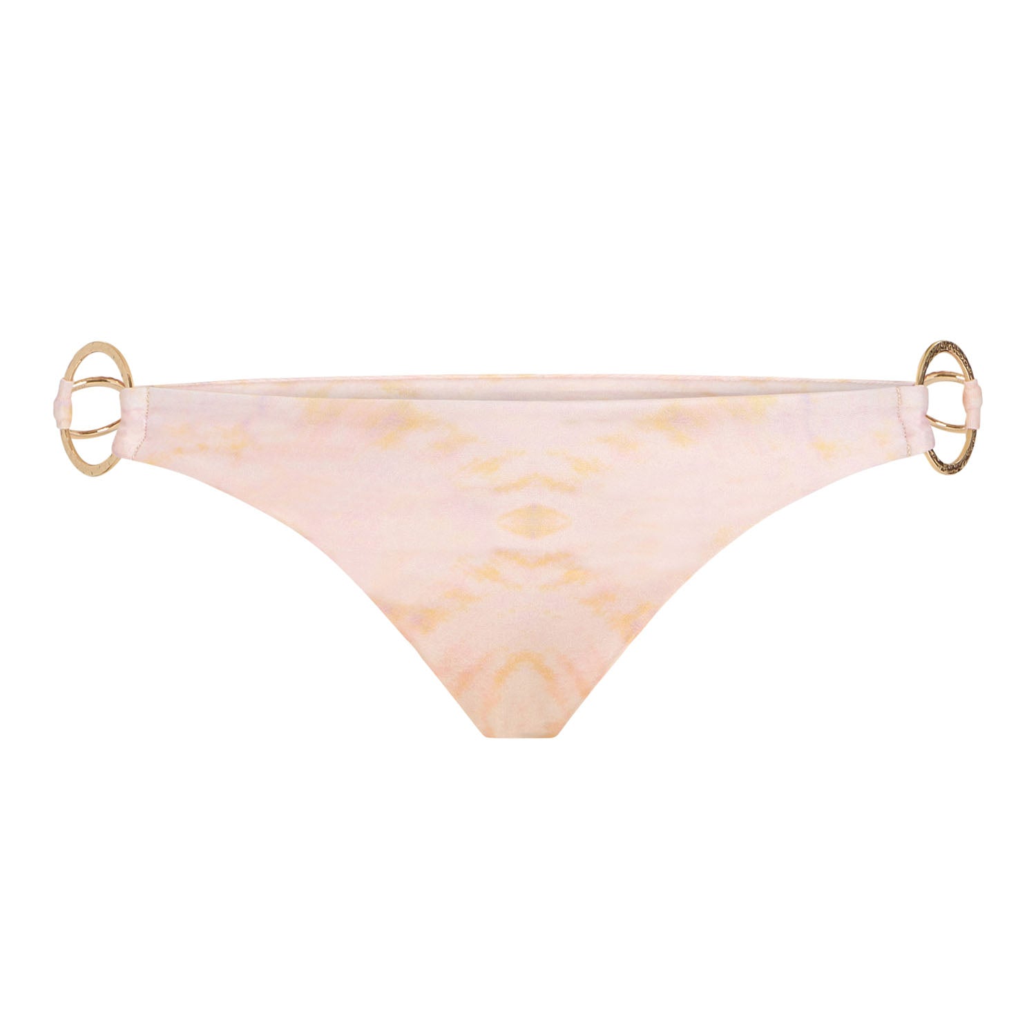 The Nalani Bikini Bottom — a sustainably chic, low-rise, cheeky bikini bottom. Features a light pink color, gold hoop hardware, and recycled nylon fabric. Fully lined.
